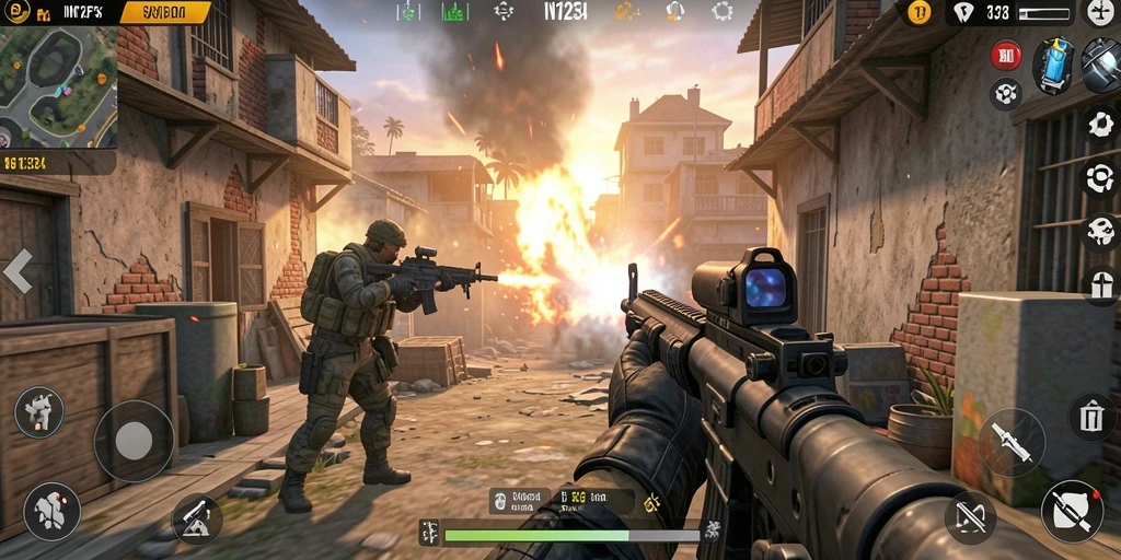 Screenshot gameplay IN1234 yang mendebarkan dengan aksi tembak-menembak.