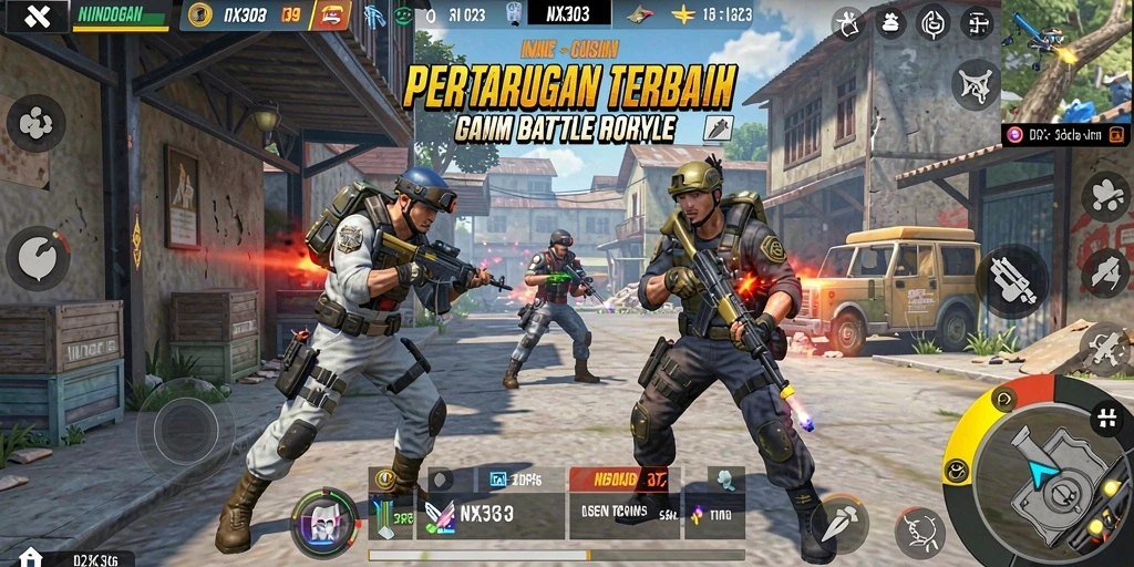 Tampilan gameplay NX303 yang intens dalam pertempuran Battle Royale.