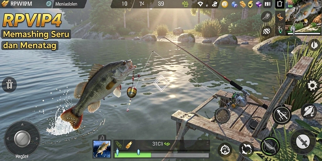 Screenshot gameplay RPVIP4 dengan aksi memancing yang menarik.