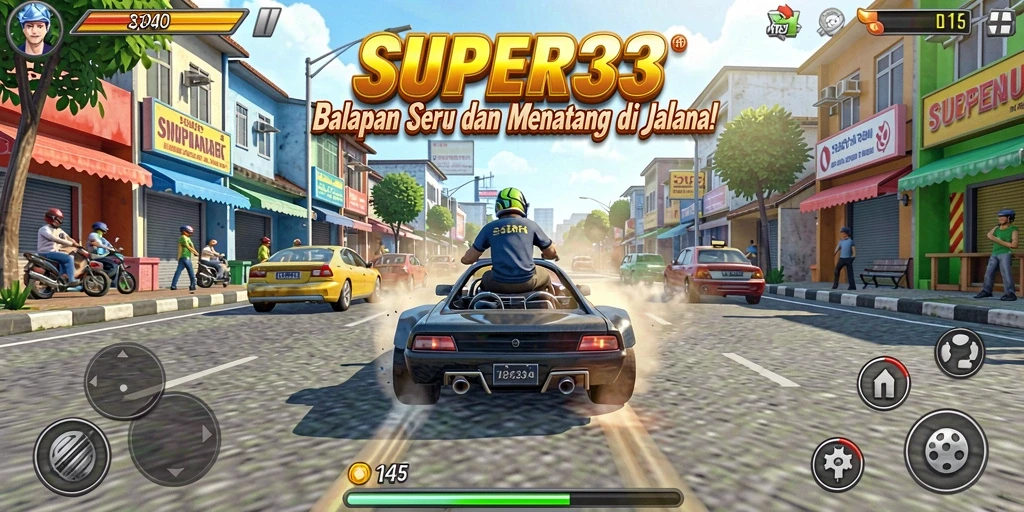 Tangkapan layar SUPER33 menampilkan aksi balapan mendebarkan di lintasan yang menantang.